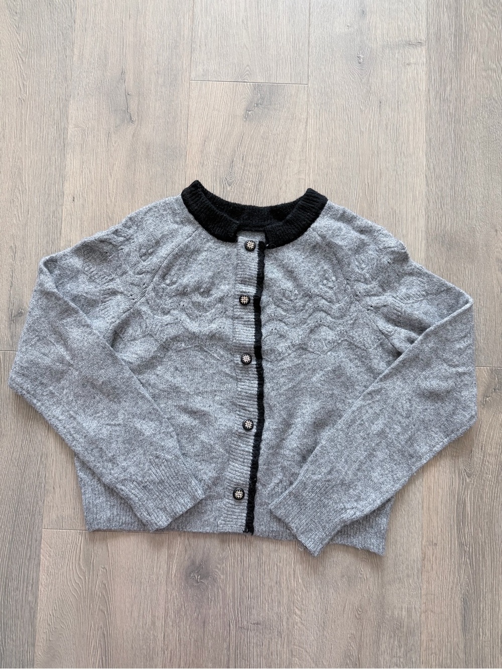 Vintage Style Grey Knit Cardigan Sweater Contrast Black Trim & Gold Button